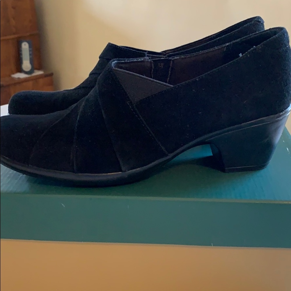 Clarks black suede slip on shoes